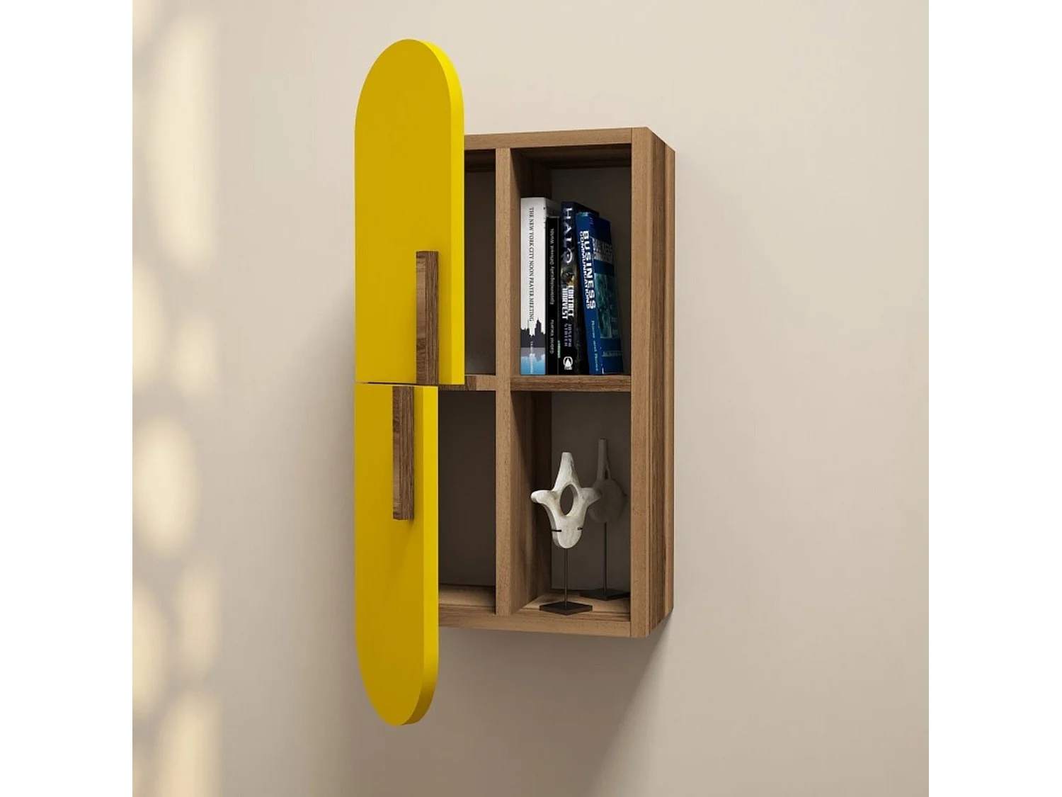 Regal Dpittarell, Gestell, Wandregal, Mehrzweckregale, 35x22 h60 cm, Walnuss und Gelb