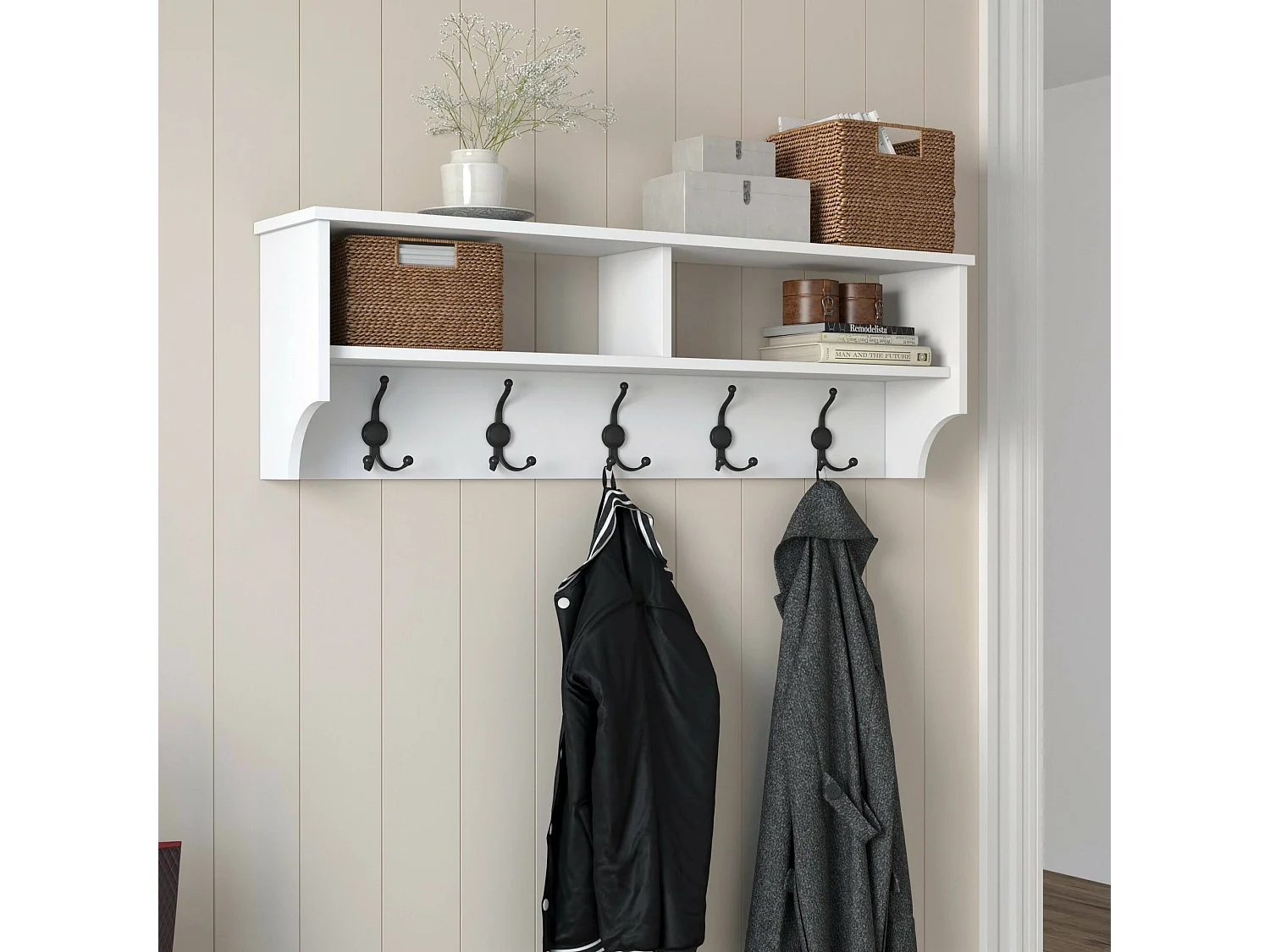 Portemanteau Dpietrotagliaferr, Portemanteau, Porte-vêtements polyvalent, Cintre mural, 120x22 h37 cm, Blanc
