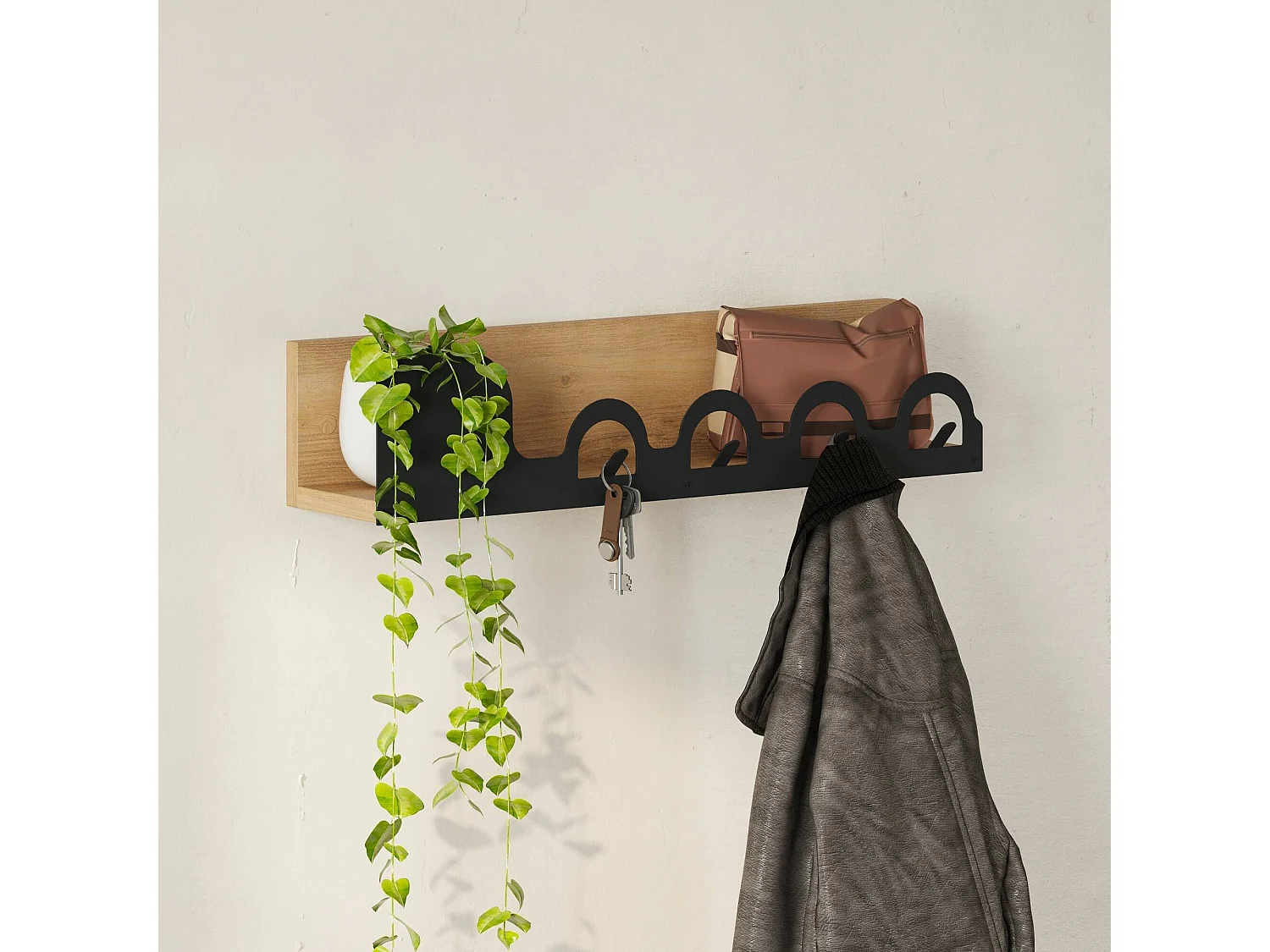 Portemanteau Dmagistrell, Portemanteau, Porte-vêtements polyvalent, Cintre mural, 63x14 h14 cm, Chêne