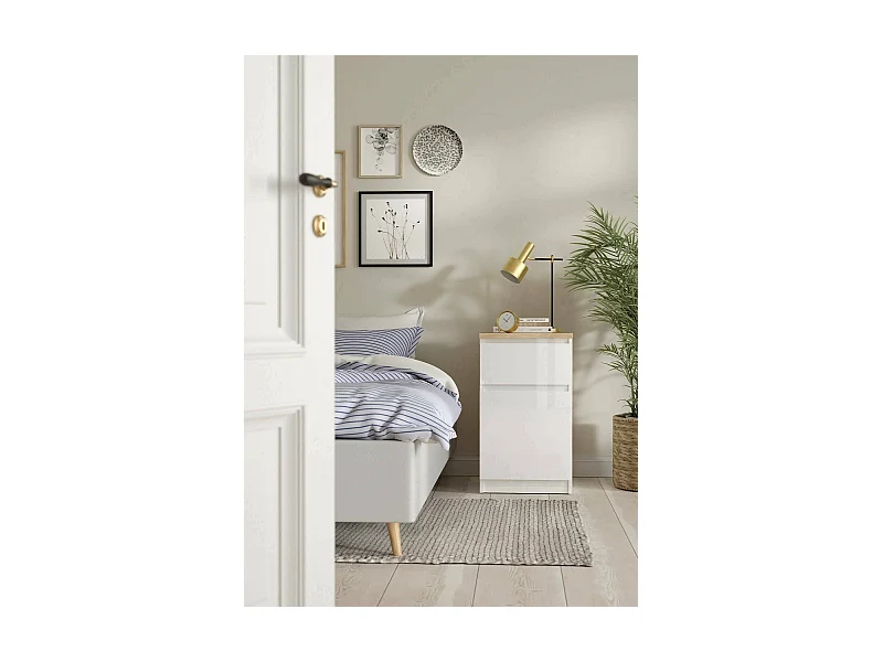 Chevet Francoise, Commode basse, Table de nuit, Étagère de chevet, 40x40 h70 cm, Blanc et Chêne clair