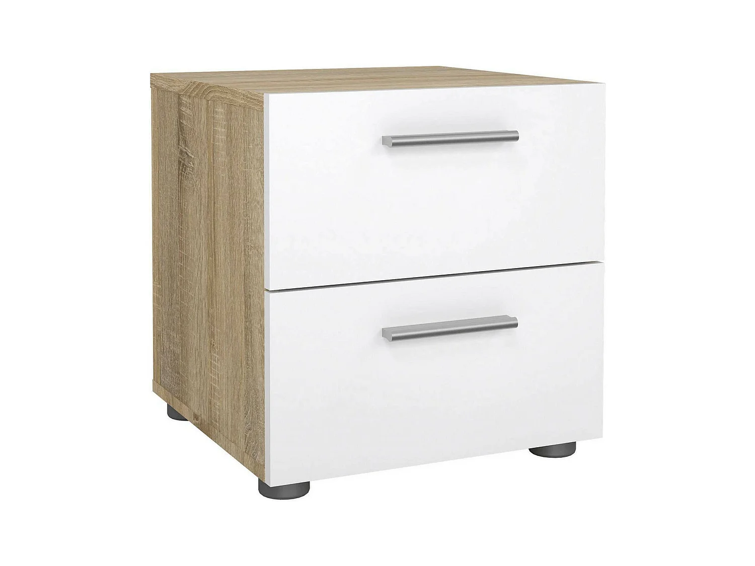 Chevet Druotol, Commode basse, Table de nuit, Étagère de chevet, 40x40 h42 cm, Chêne et Blanc