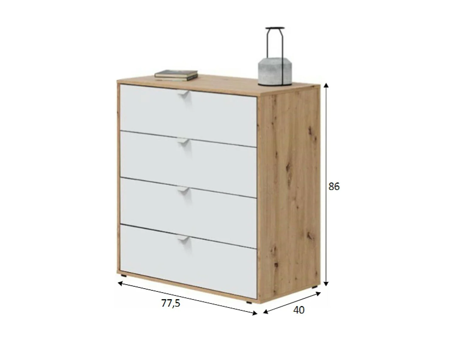 Chevet Dzigon, Commode basse, Table de nuit, Étagère de chevet, 78x40 h86 cm, Blanc et n?uds de chêne clair