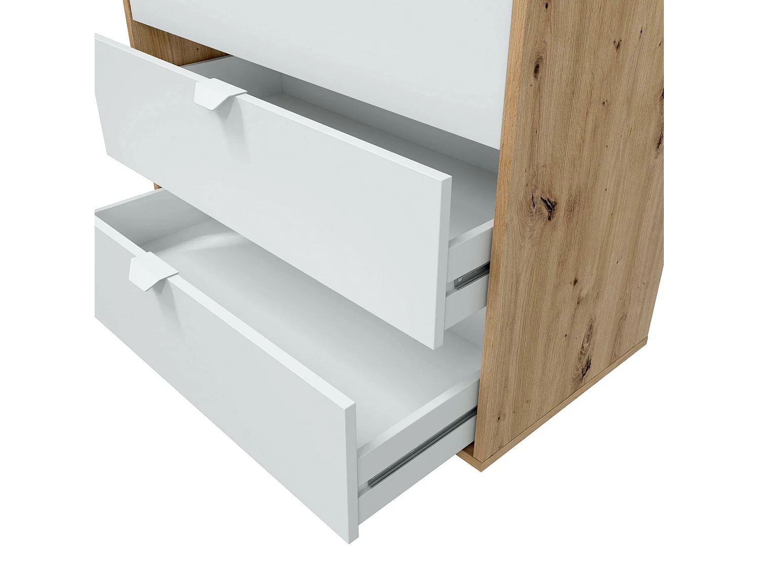 Chevet Dzigon, Commode basse, Table de nuit, Étagère de chevet, 78x40 h86 cm, Blanc et n?uds de chêne clair