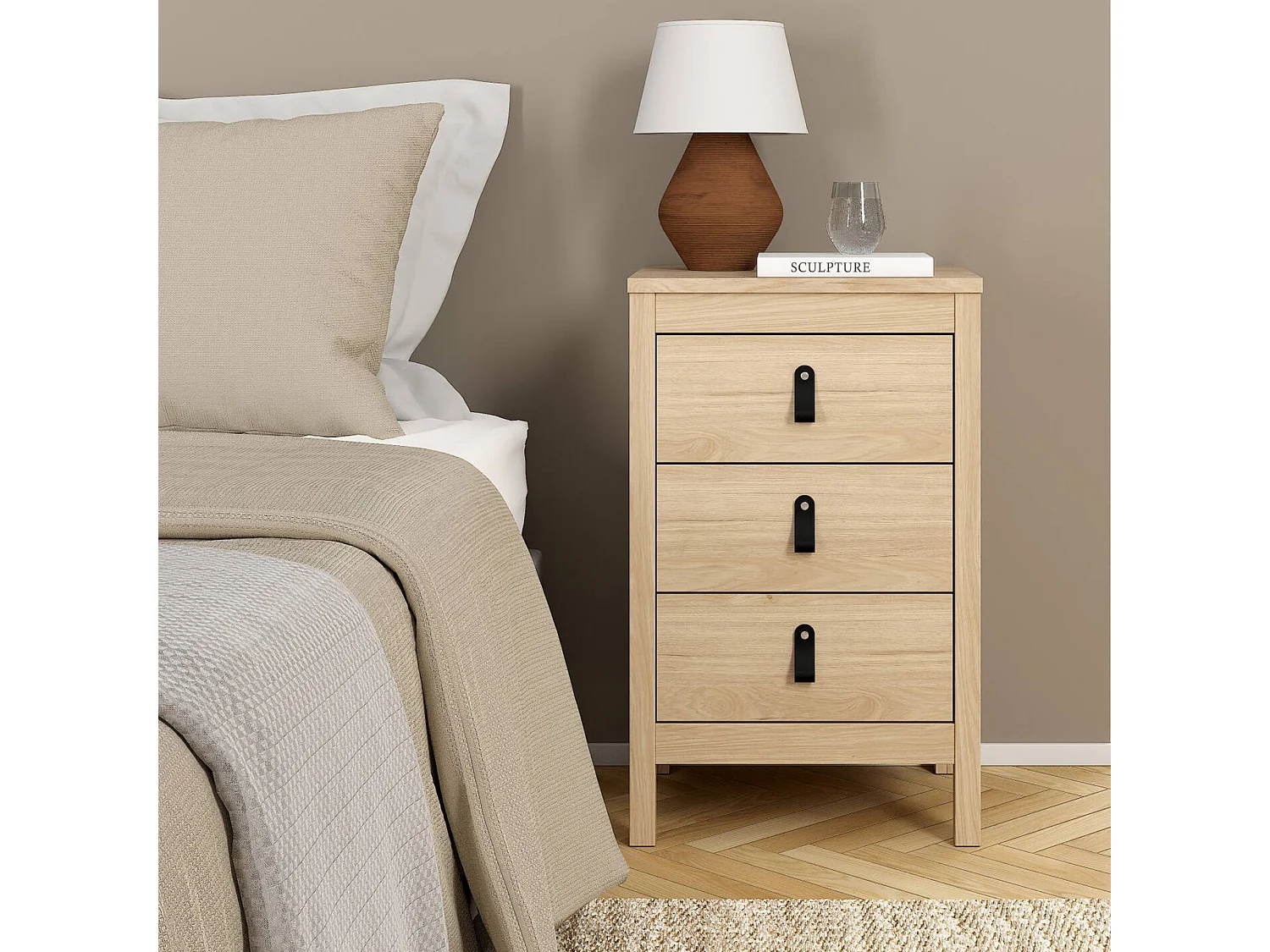 Chevet Dsain, Commode basse, Table de nuit, Étagère de chevet, 44x38 h70 cm, Chêne clair