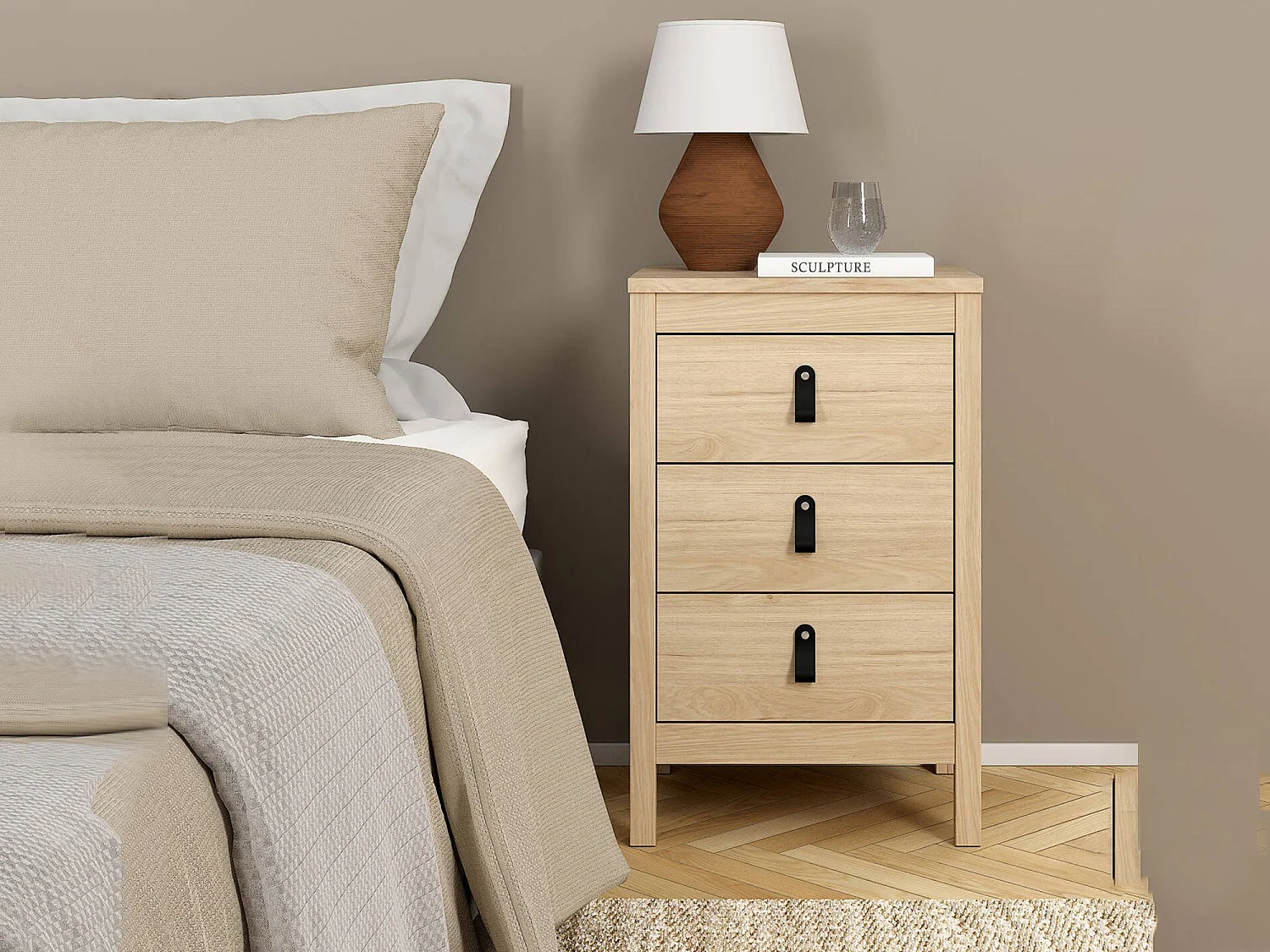 Chevet Dsain, Commode basse, Table de nuit, Étagère de chevet, 44x38 h70 cm, Chêne clair