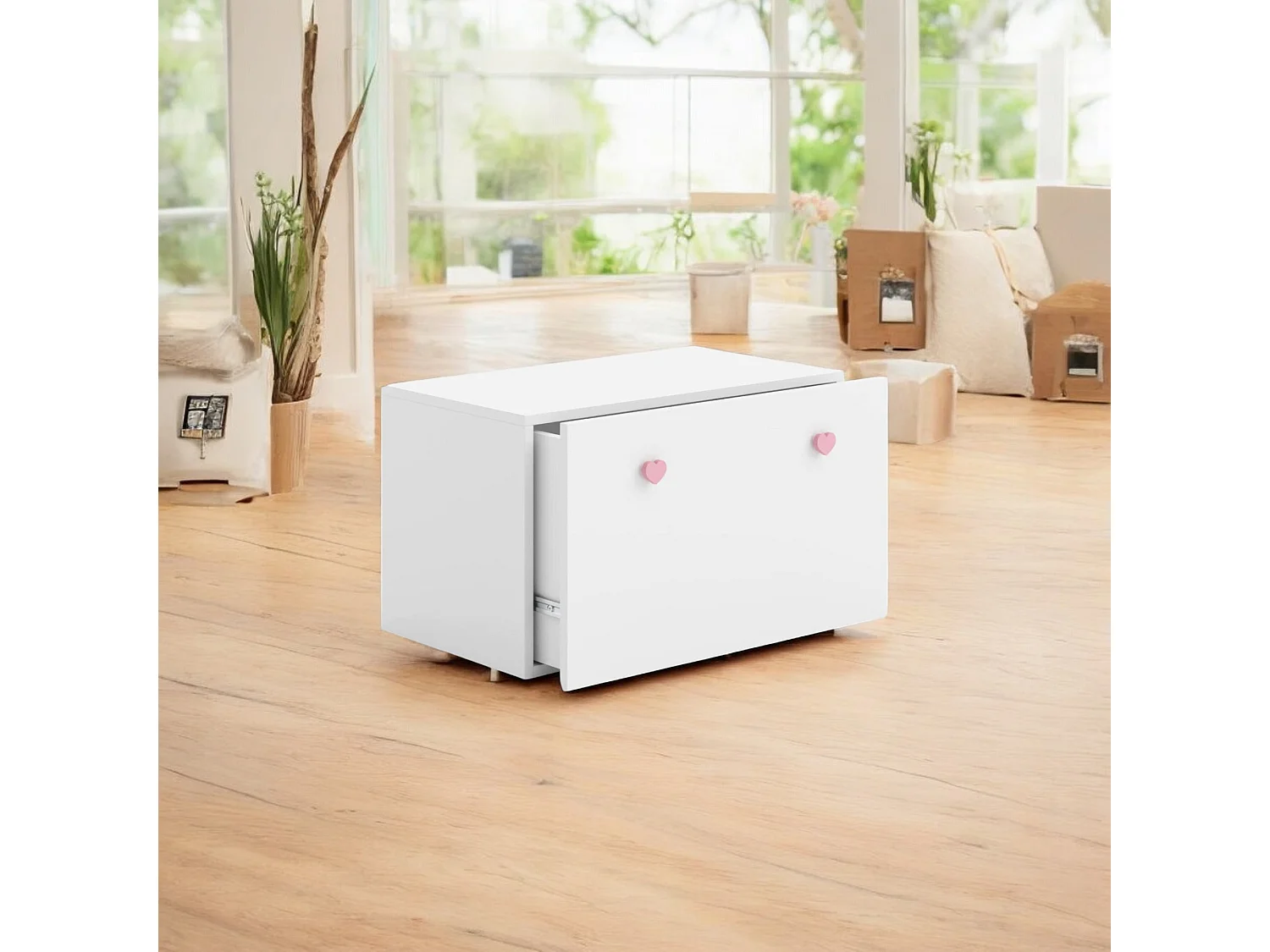 Chevet Dlyle, Commode basse, Table de nuit, Étagère de chevet, 42x42 h71 cm, Blanc et rose