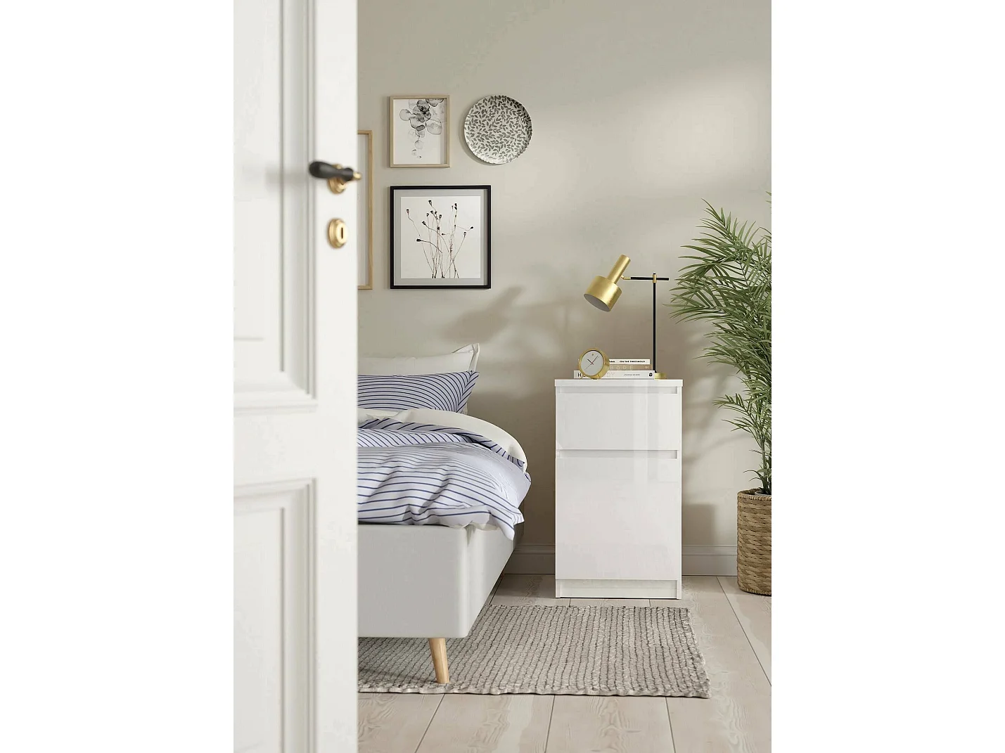 Chevet Francoise, Commode basse, Table de nuit, Étagère de chevet, 40x40 h70 cm, Blanc