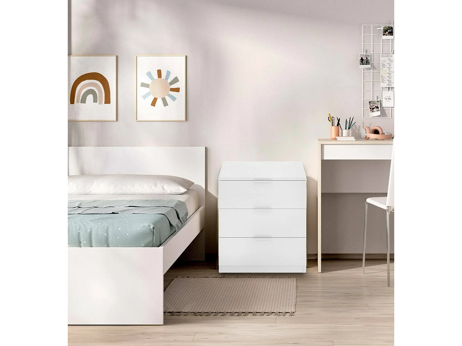 NachtkastjeDmcilro, Laag dressoir, Nachtkastje, Bedplank, 50x34 h58 cm, Wit