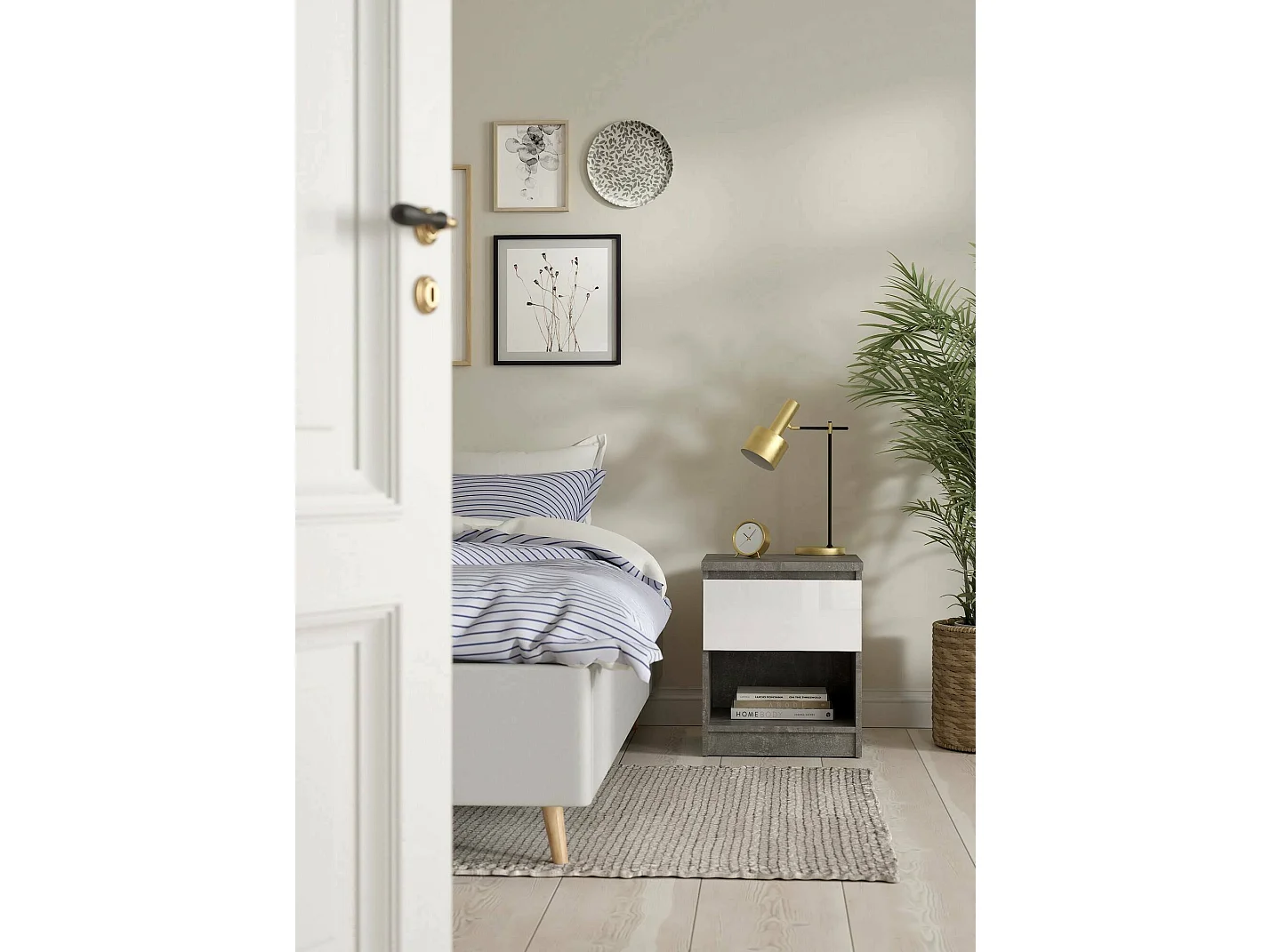 Chevet Dross, Commode basse, Table de nuit, Étagère de chevet, 40x40 h50 cm, Ciment et blanc