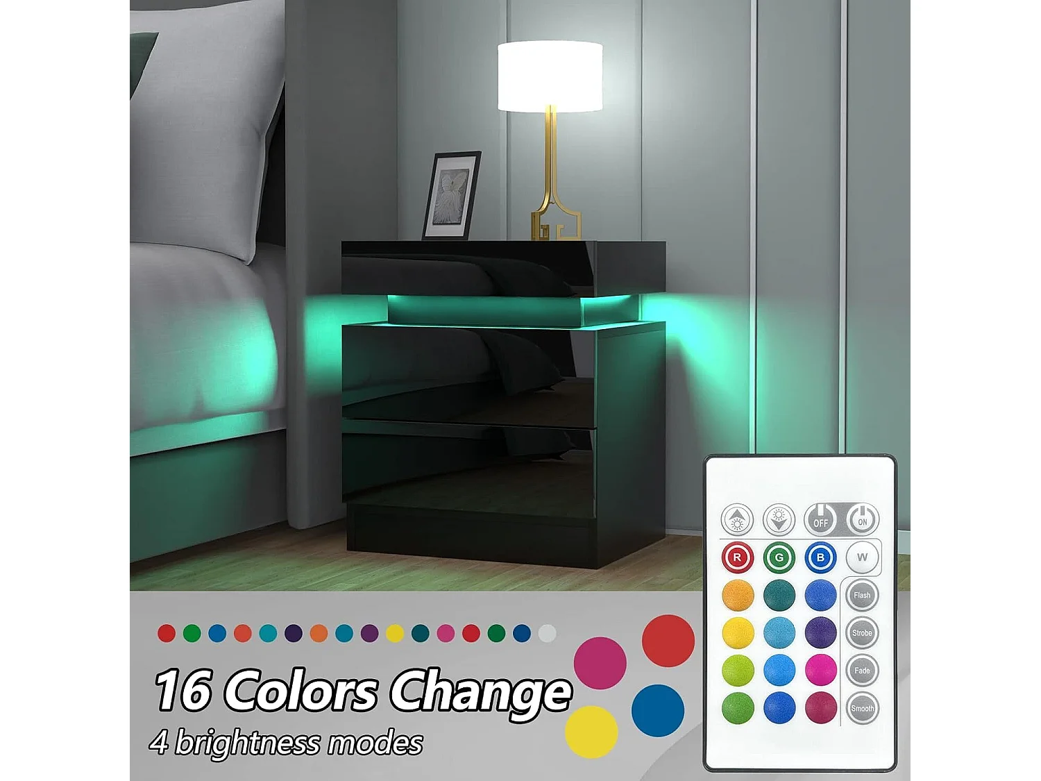 Hoogglans nachtkastje met LED-verlichting, ladekast met 2 lades, nachtkastje, slaapkamermeubilair - 45x35x52cm - zwart