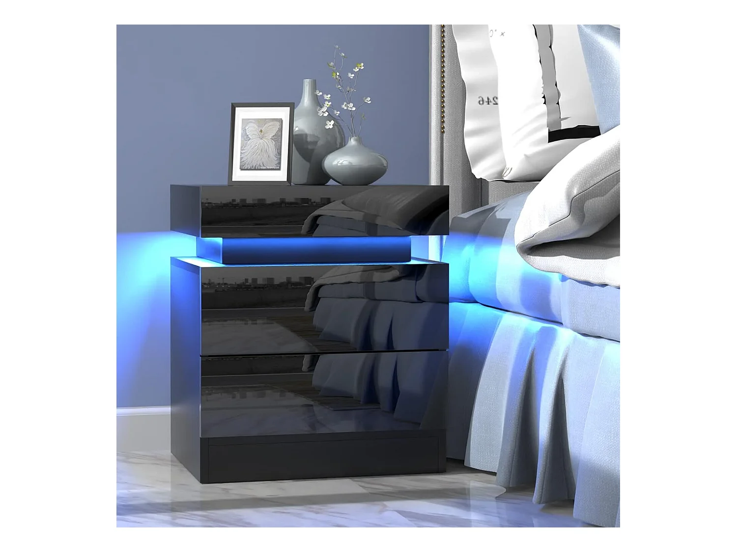 Table de chevet Haute Brillance avec LED Lumières,Armoire Commode 2 Tiroirs Table de Nuit Meuble de chambre - 45x35x52cm - Noir