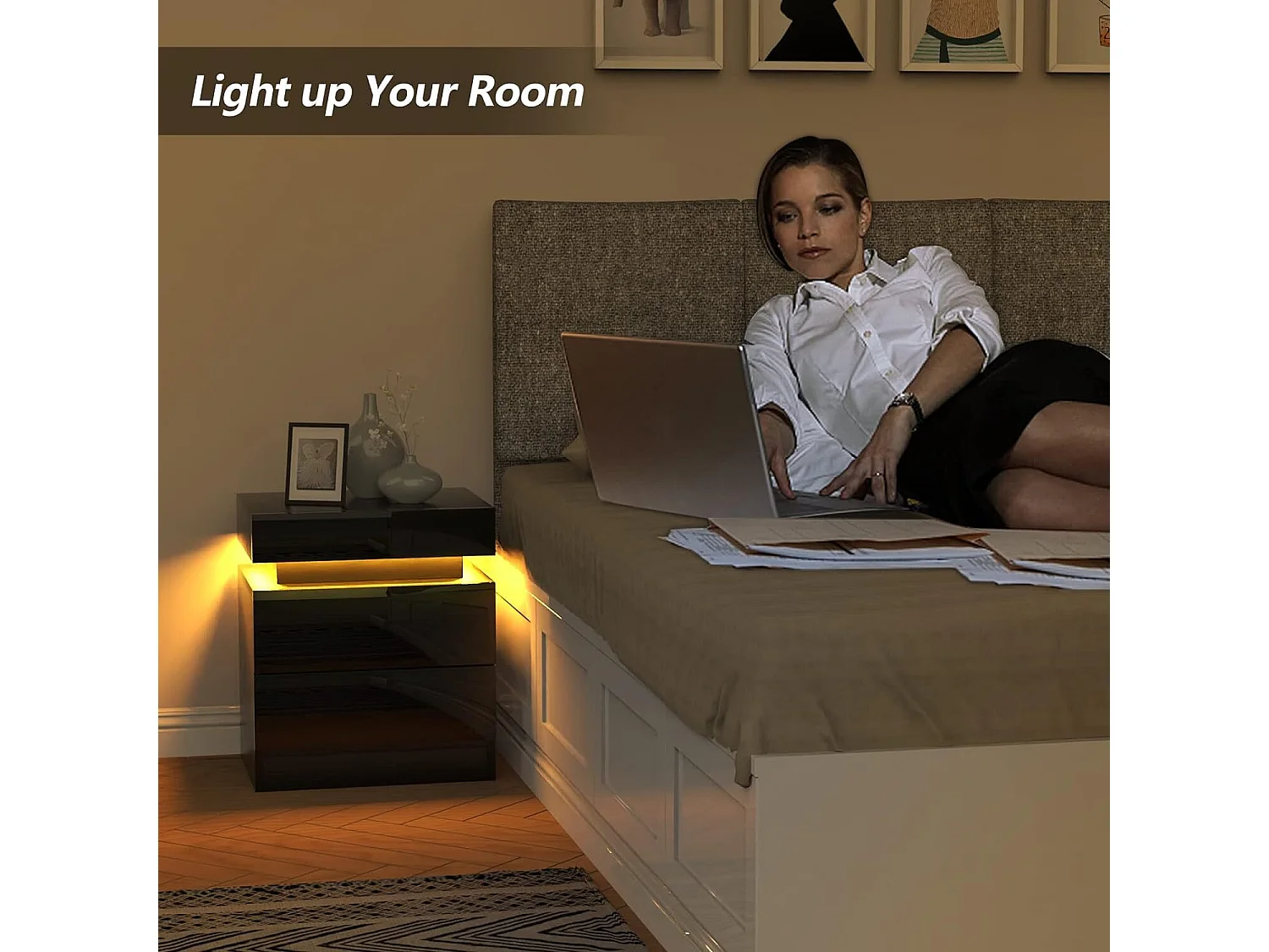 Mesa de cabeceira de alto brilho com luzes LED, gabinete de escravidão 2 gavetas Night Table Bedroom Móveis - 45x35x52cm - preto