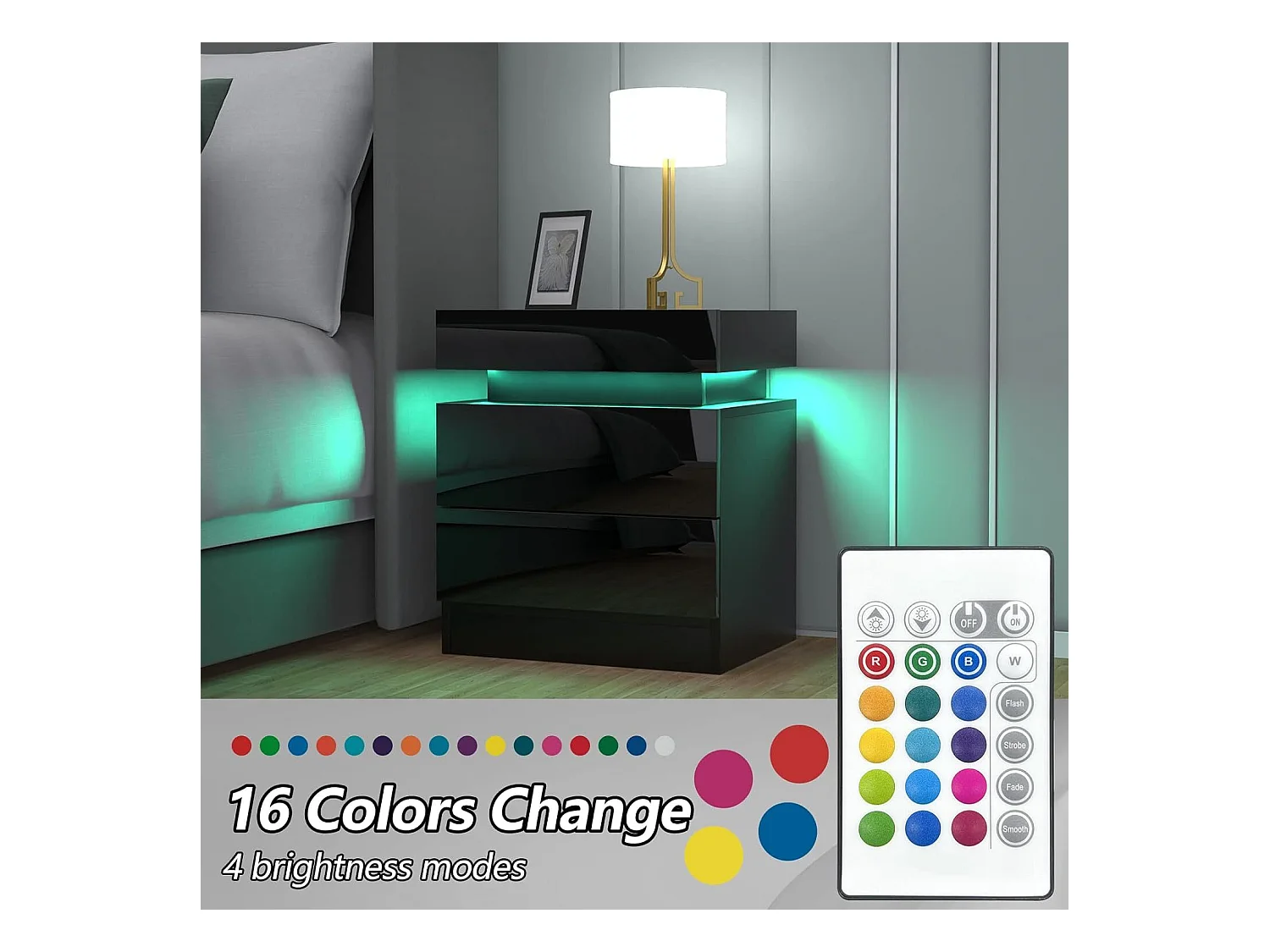 Mesa de cabeceira de alto brilho com luzes LED, gabinete de escravidão 2 gavetas Night Table Bedroom Móveis - 45x35x52cm - preto