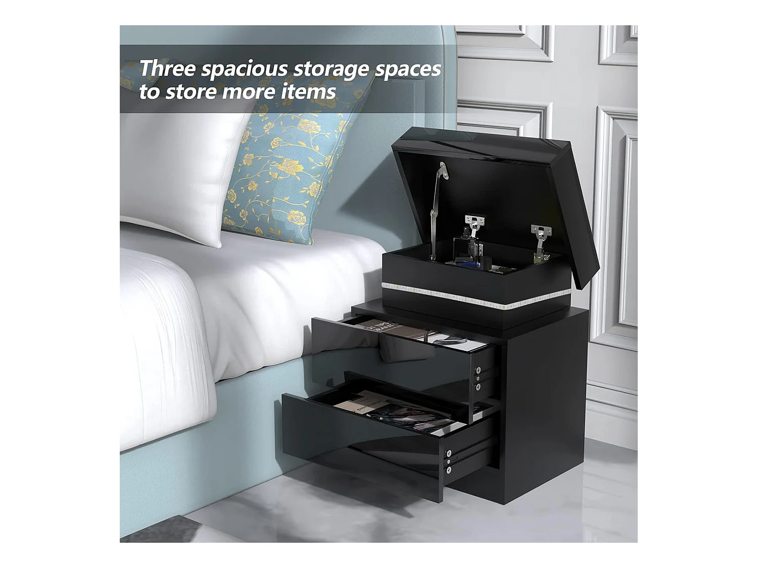 Mesa de cabeceira de alto brilho com luzes LED, gabinete de escravidão 2 gavetas Night Table Bedroom Móveis - 45x35x52cm - preto