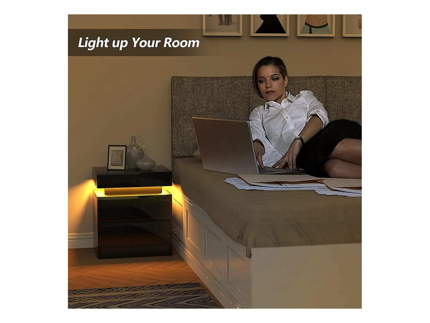 Mesa de cabeceira de alto brilho com luzes LED, gabinete de escravidão 2 gavetas Night Table Bedroom Móveis - 45x35x52cm - preto