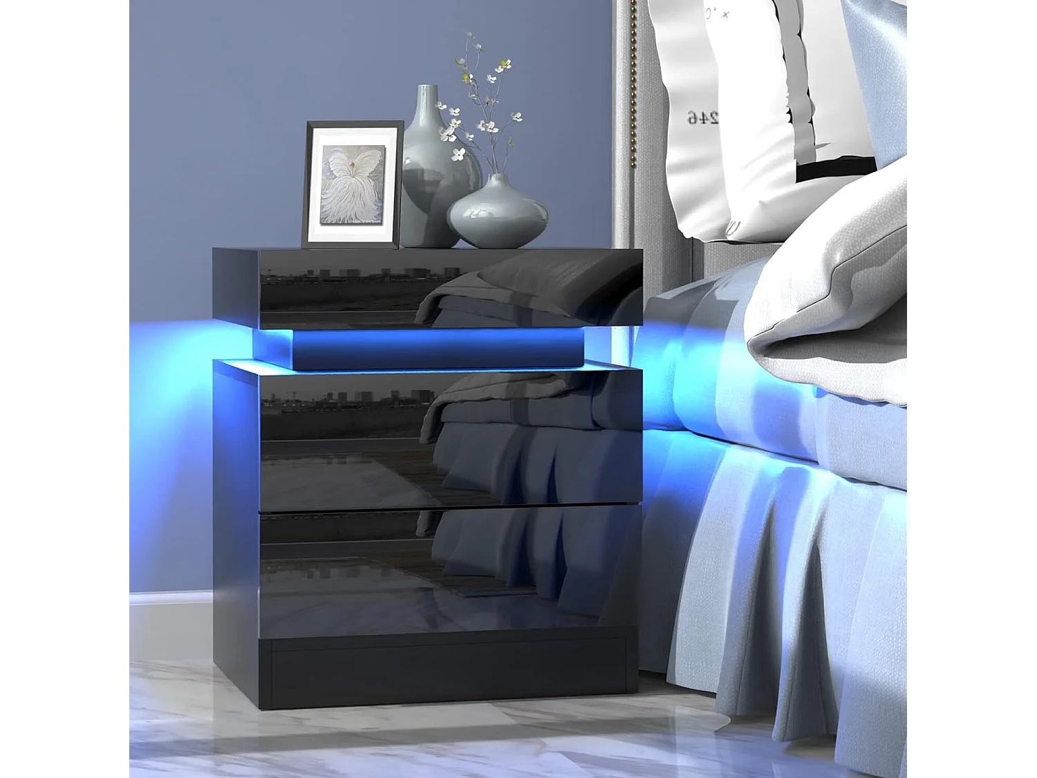 Table de chevet Haute Brillance avec LED Lumières,Armoire Commode 2 Tiroirs Table de Nuit Meuble de chambre - 45x35x52cm - Noir