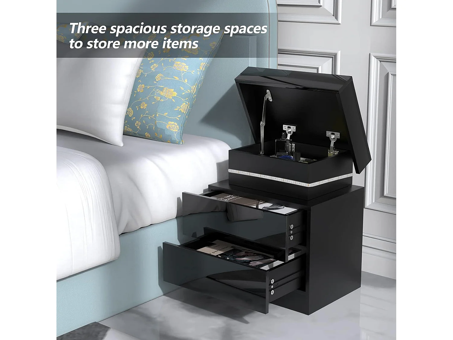 Table de chevet Haute Brillance avec LED Lumières,Armoire Commode 2 Tiroirs Table de Nuit Meuble de chambre - 45x35x52cm - Noir