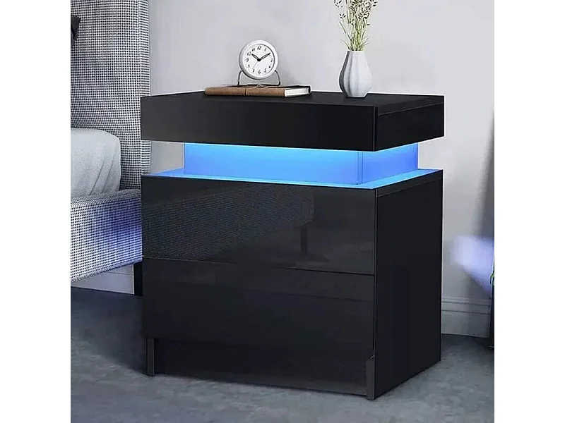 Hoogglans nachtkastje met LED-verlichting, ladekast met 2 lades, nachtkastje, slaapkamermeubilair - 45x35x52cm - zwart