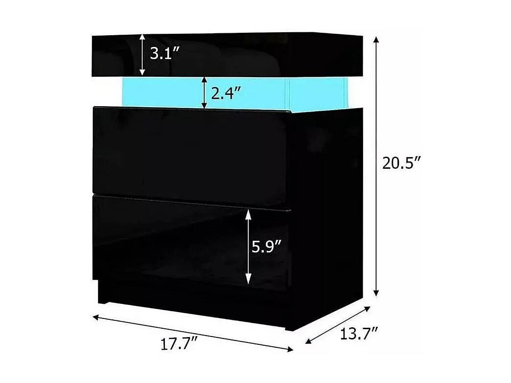 Hoogglans nachtkastje met LED-verlichting, ladekast met 2 lades, nachtkastje, slaapkamermeubilair - 45x35x52cm - zwart