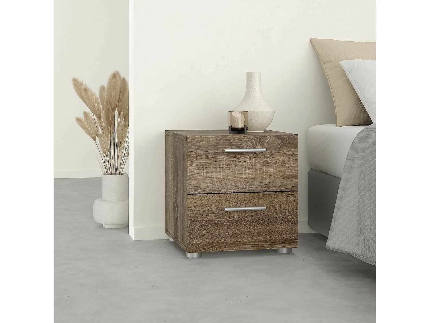 Chevet Drossett, Commode basse, Table de nuit, Étagère de chevet, 40x40 h42 cm, Chêne clair