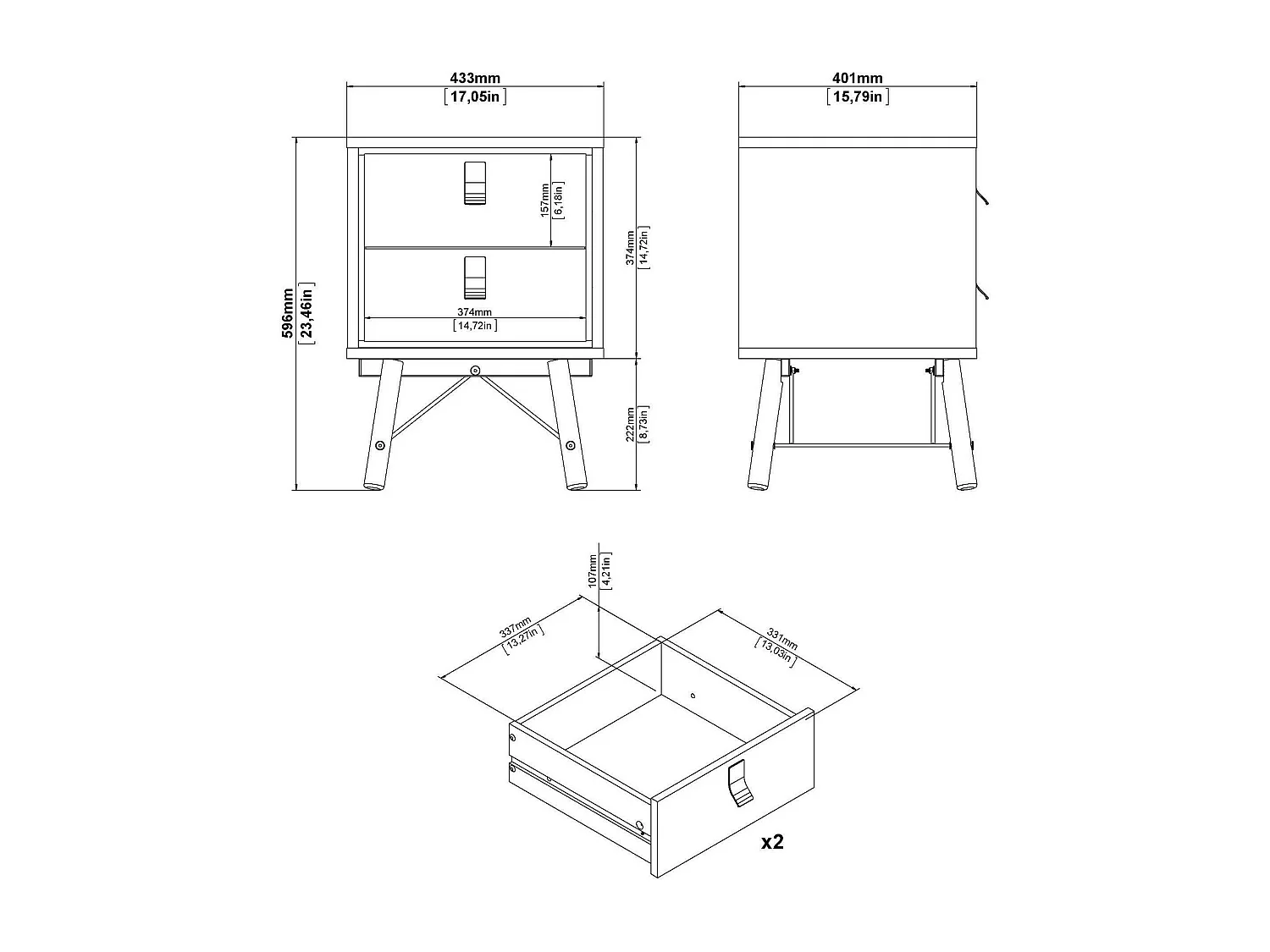 Drovell nachtkastje, Lage ladekast, Nachtkastje, Bedplank, 43x40 h60 cm, Eiken