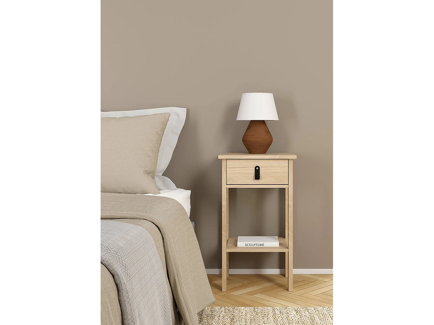 Chevet Dsabir, Commode basse, Table de nuit, Étagère de chevet, 40x34 h70 cm, Chêne clair