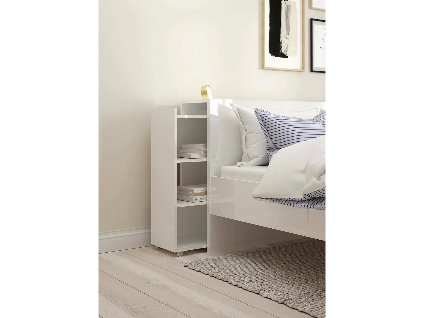 Chevet Drosi, Commode basse, Table de nuit, Étagère de chevet, 145x26 h80 cm, Blanc