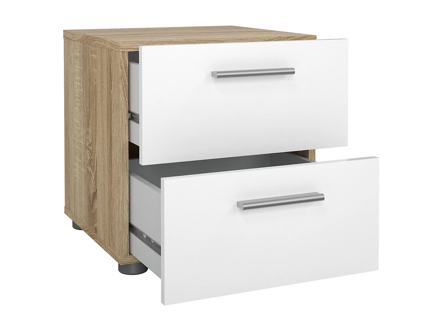 Chevet Drossett, Commode basse, Table de nuit, Étagère de chevet, 40x40 h42 cm, Chêne et Blanc