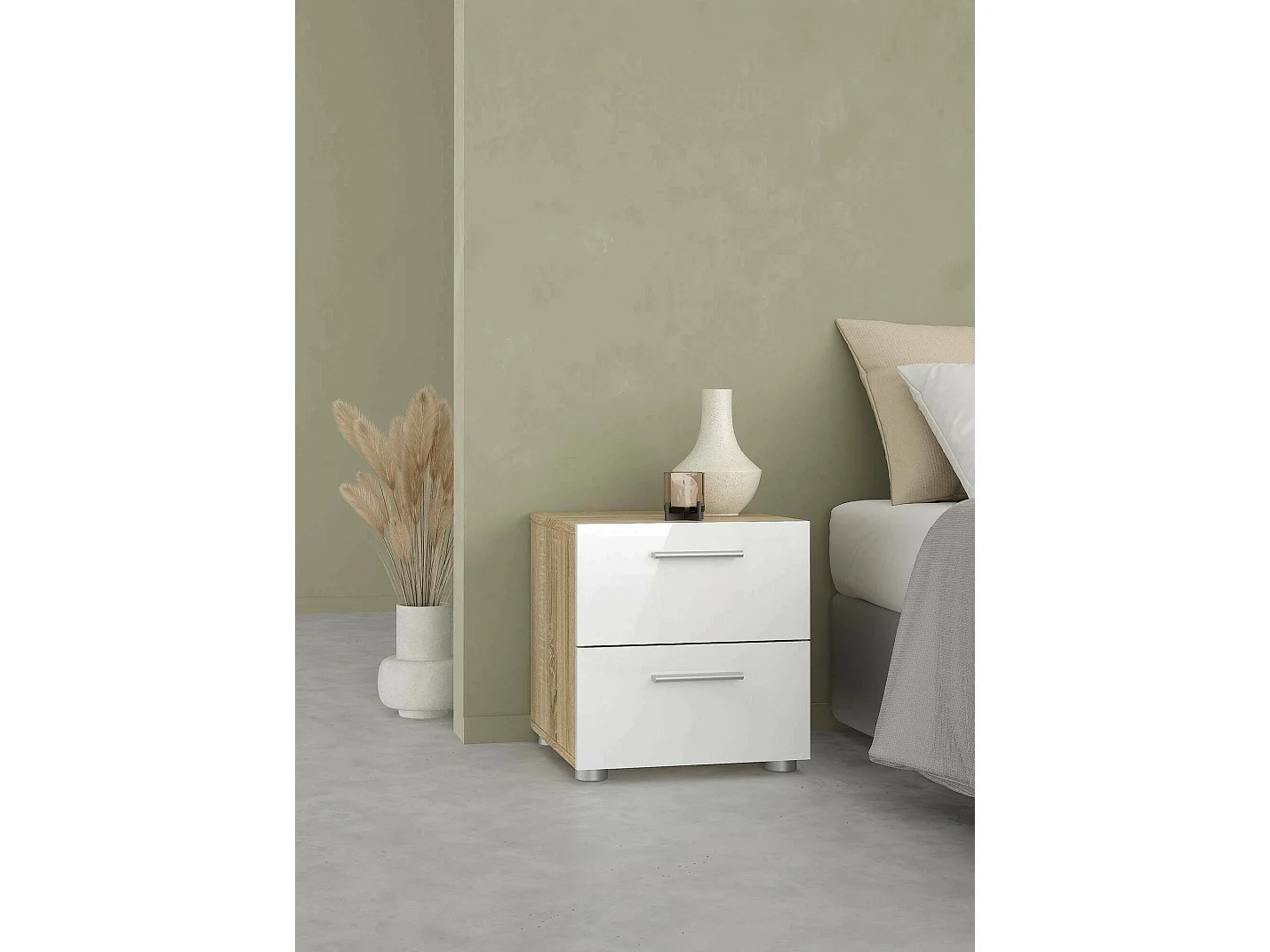 Chevet Drossett, Commode basse, Table de nuit, Étagère de chevet, 40x40 h42 cm, Chêne et Blanc