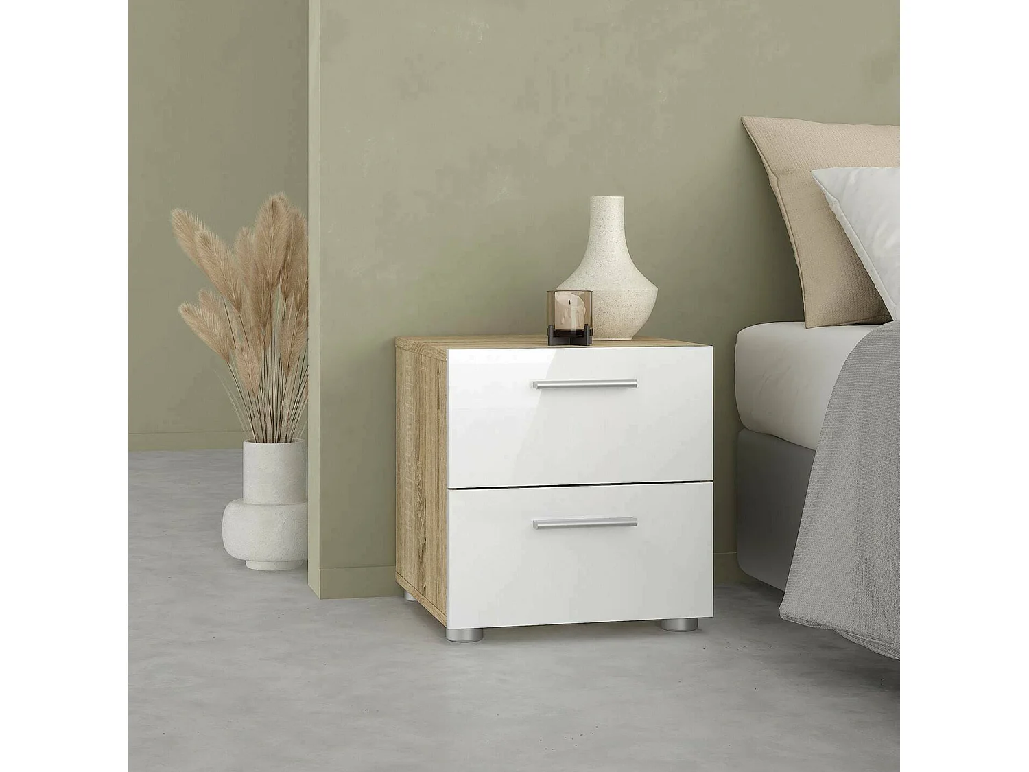 Chevet Drossett, Commode basse, Table de nuit, Étagère de chevet, 40x40 h42 cm, Chêne et Blanc