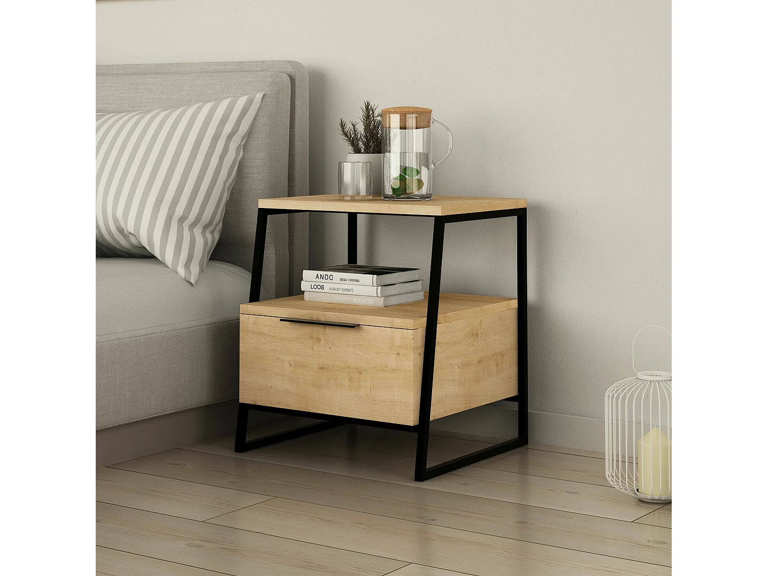 Chevet Dditacchi, Commode basse, Table de nuit, Étagère de chevet, 45x41 h50 cm, Chêne et Noir