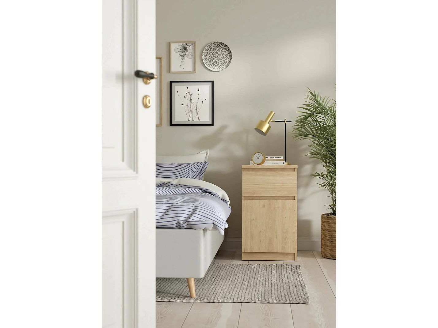 Mesa de cabeceira Françoise, Cómoda baixa, Mesa de cabeceira, Prateleira de cama, 40x40 h70 cm, Carvalho