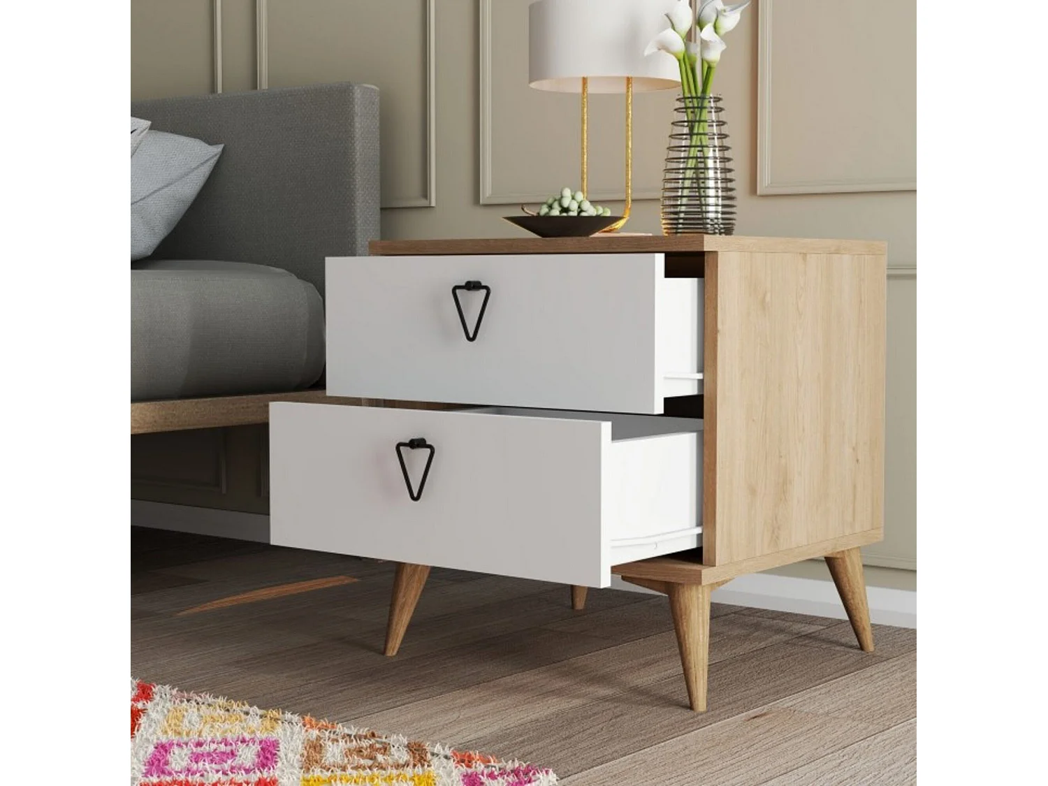 Dpraszeli nachtkastje, Laag dressoir, Nachtkastje, Bedplank, 52x45 h55 cm, Eiken en Wit