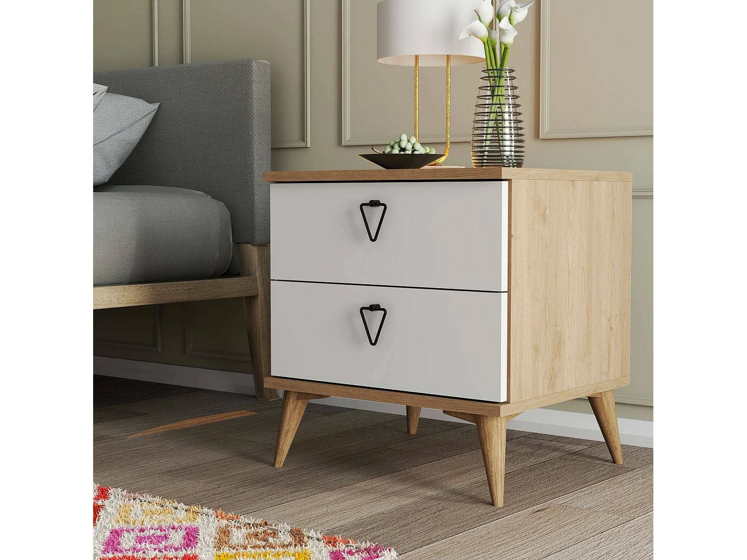 Dpraszeli nachtkastje, Laag dressoir, Nachtkastje, Bedplank, 52x45 h55 cm, Eiken en Wit