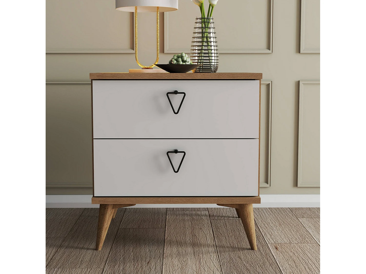 Dpraszeli nachtkastje, Laag dressoir, Nachtkastje, Bedplank, 52x45 h55 cm, Eiken en Wit