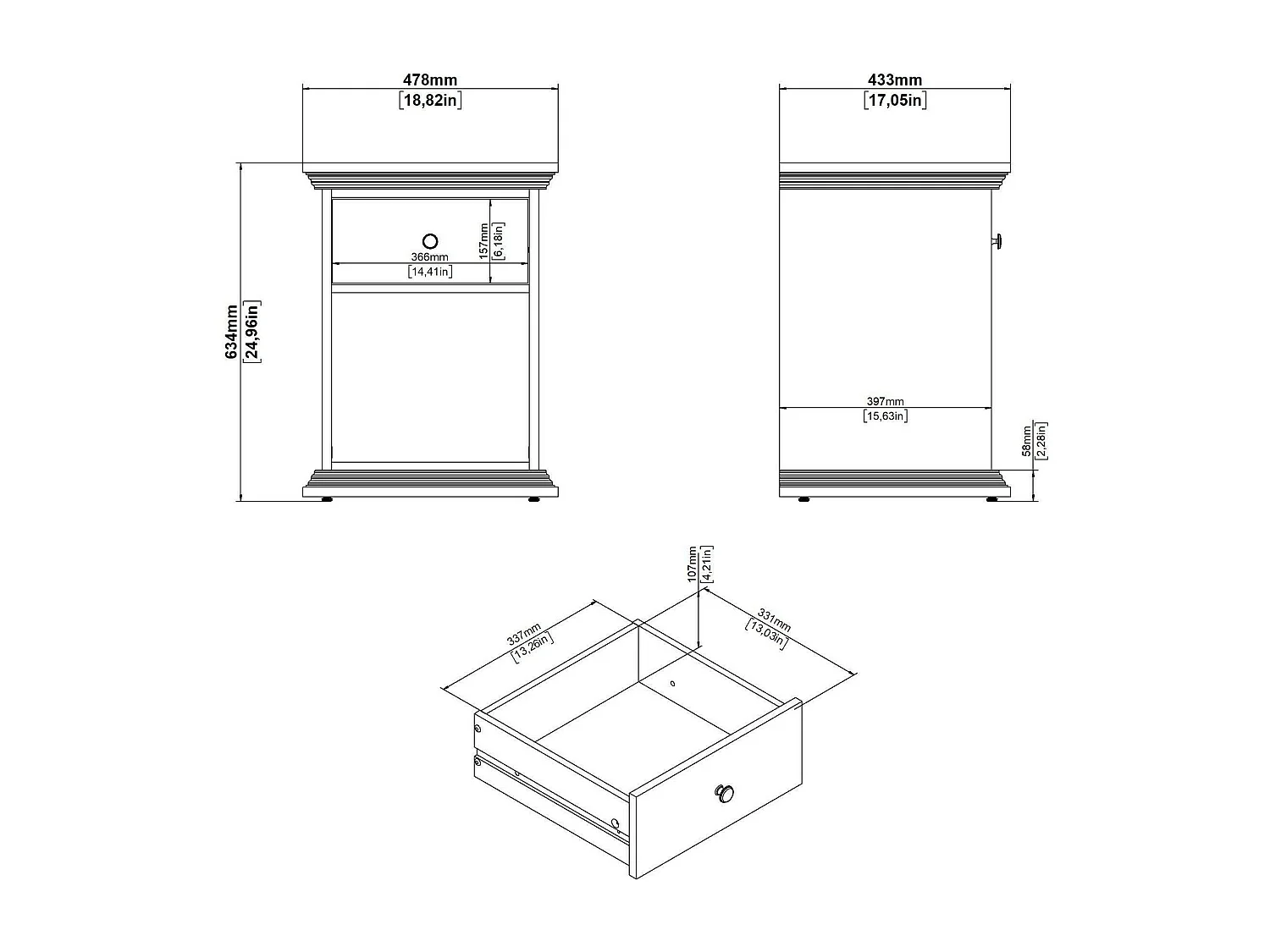 Dsaccan nachtkastje, Laag dressoir, Nachtkastje, Bedplank, 48x43 h63 cm, Zwart