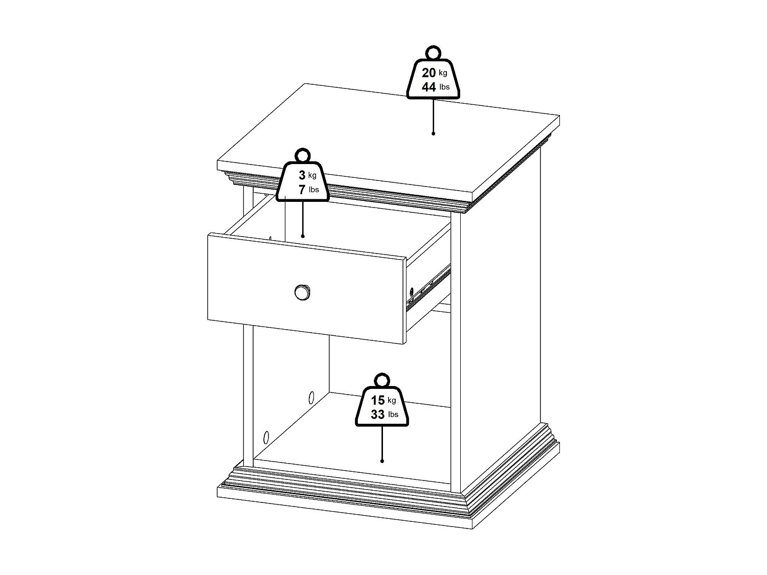 Chevet Dsaccan, Commode basse, Table de nuit, Étagère de chevet, 48x43 h63 cm, Blanc