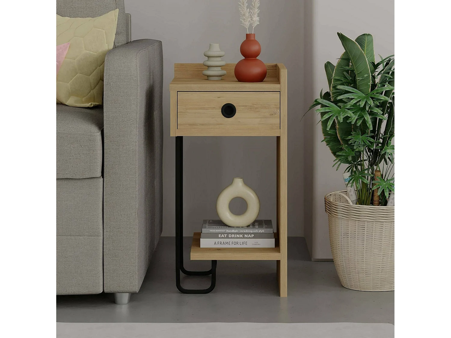 Chevet Dportalur, Commode basse, Table de nuit, Étagère de chevet, 32x30 h61 cm, Chêne