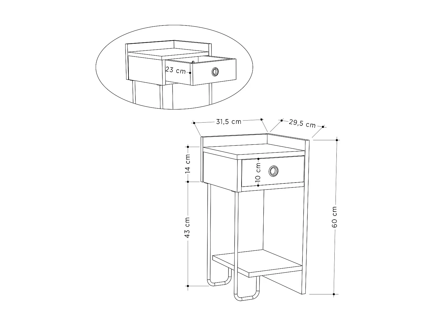 Chevet Dportalur, Commode basse, Table de nuit, Étagère de chevet, 32x30 h61 cm, Chêne