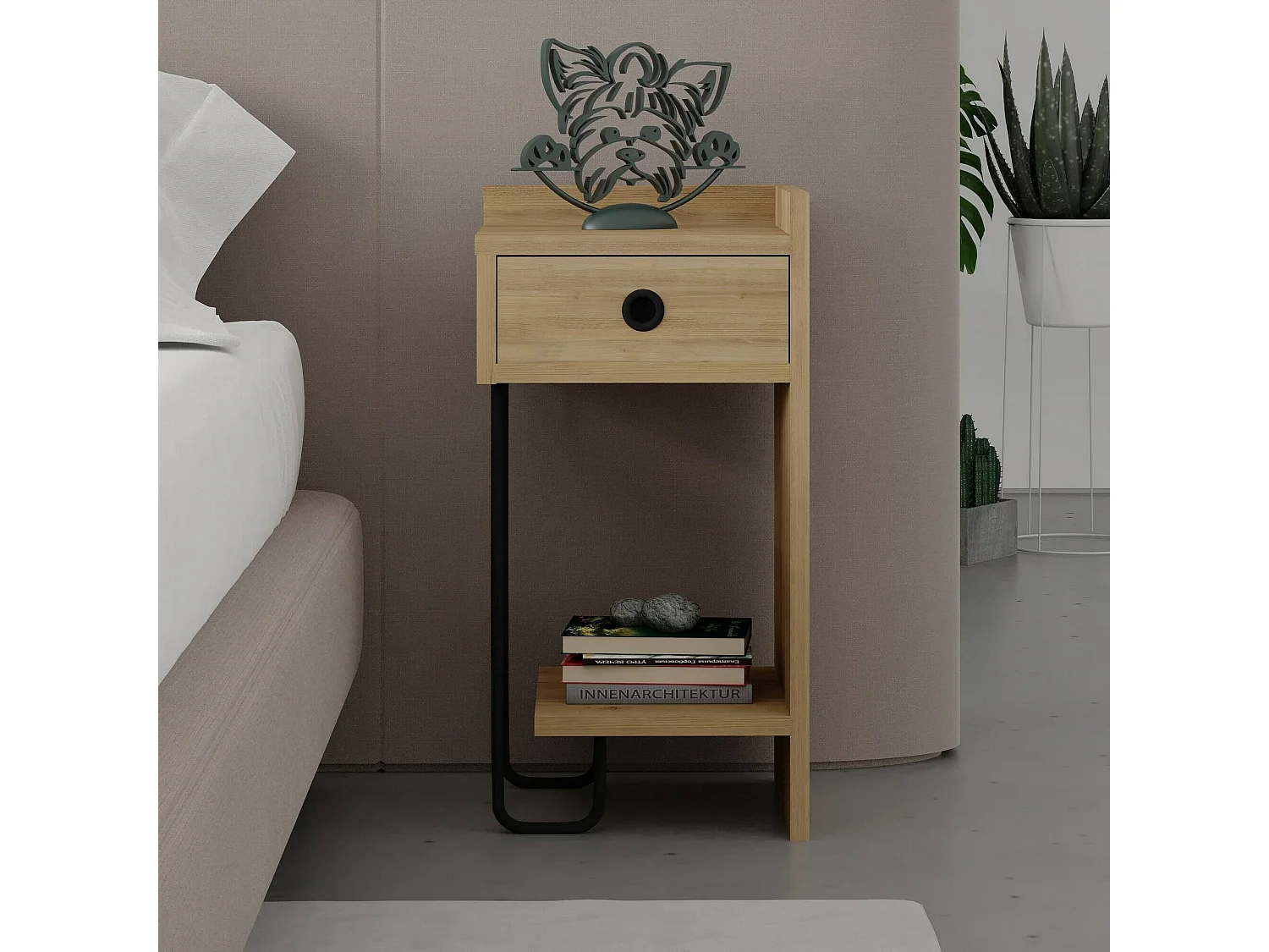 Mesa de cabeceira Dportalur, Cómoda baixa, Mesa de cabeceira, Prateleira de cama, 32x30 h61 cm, Carvalho