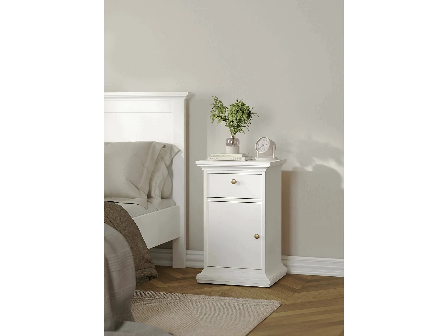 Chevet Drrahman, Commode basse, Table de nuit, Étagère de chevet, 44x40 h70 cm, Blanc