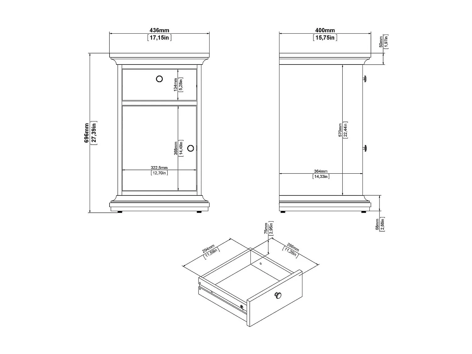 Mesa de cabeceira Drrahman, Cómoda baixa, Mesa de cabeceira, Prateleira de cama, 44x40 h70 cm, Branco