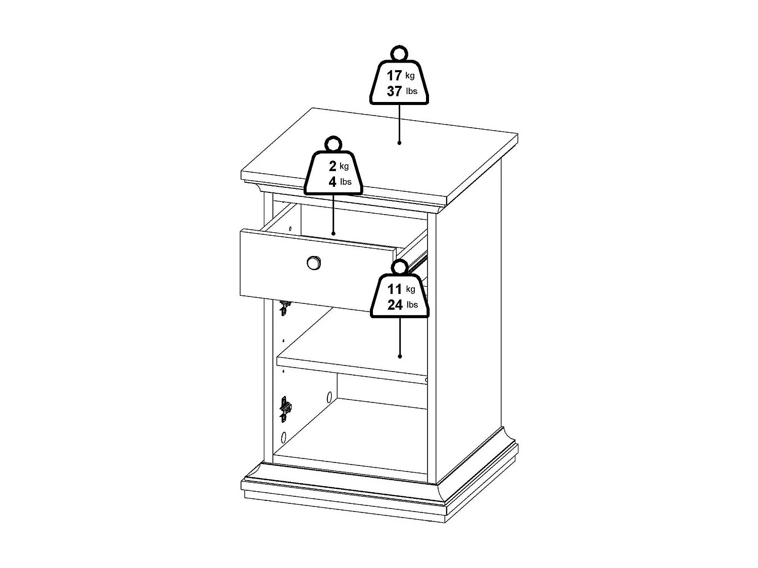 Mesa de cabeceira Drrahman, Cómoda baixa, Mesa de cabeceira, Prateleira de cama, 44x40 h70 cm, Branco