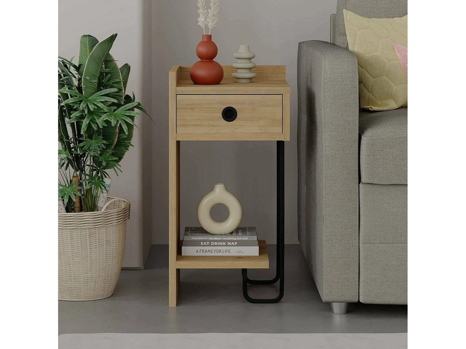 Chevet Dpodgorean, Commode basse, Table de nuit, Étagère de chevet, 32x30 h61 cm, Chêne