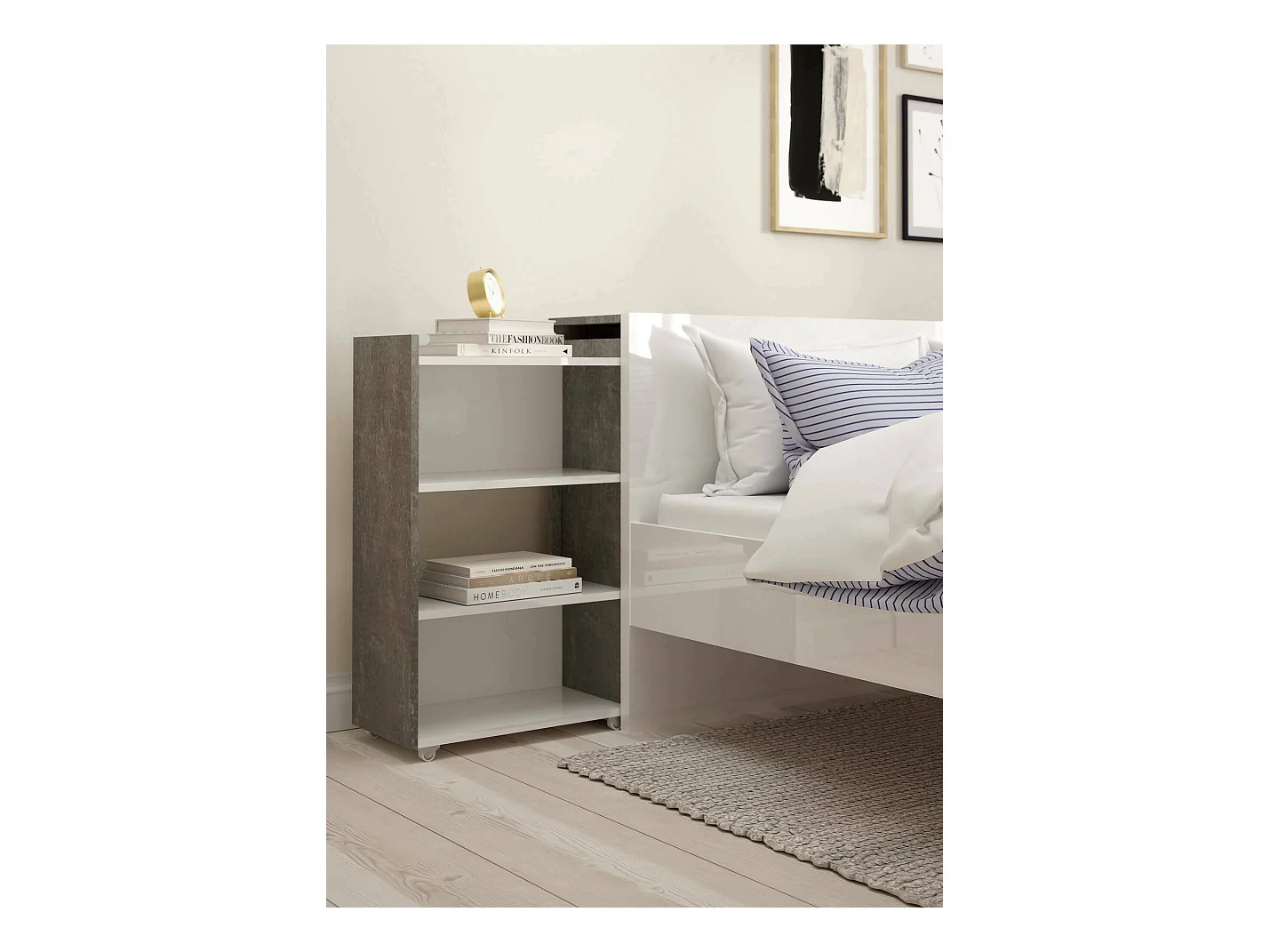 Chevet Drosi, Commode basse, Table de nuit, Étagère de chevet, 145x26 h80 cm, Ciment et blanc