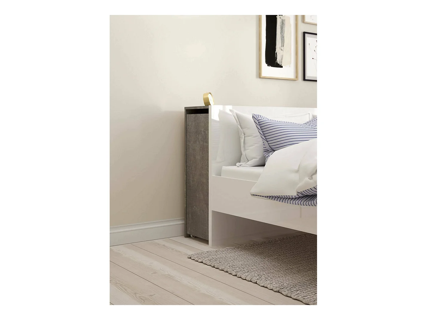 Chevet Drosi, Commode basse, Table de nuit, Étagère de chevet, 145x26 h80 cm, Ciment et blanc