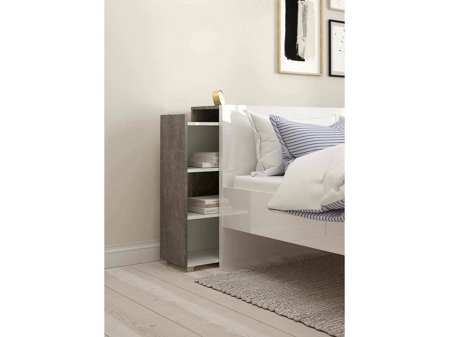 Drosi nachtkastje, Lage ladekast, Nachtkastje, Bedplank, 145x26 h80 cm, Cement en Wit