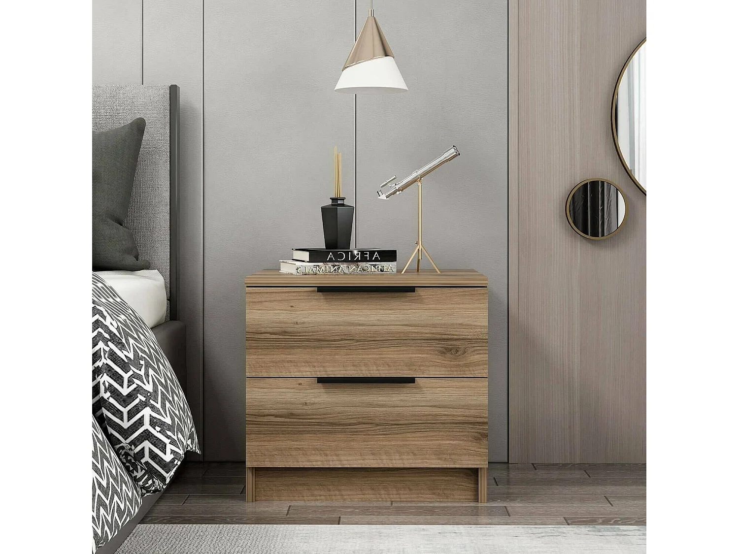 Chevet Dbauman, Commode basse, Table de nuit, Étagère de chevet, 54x47 h40 cm, Noyer