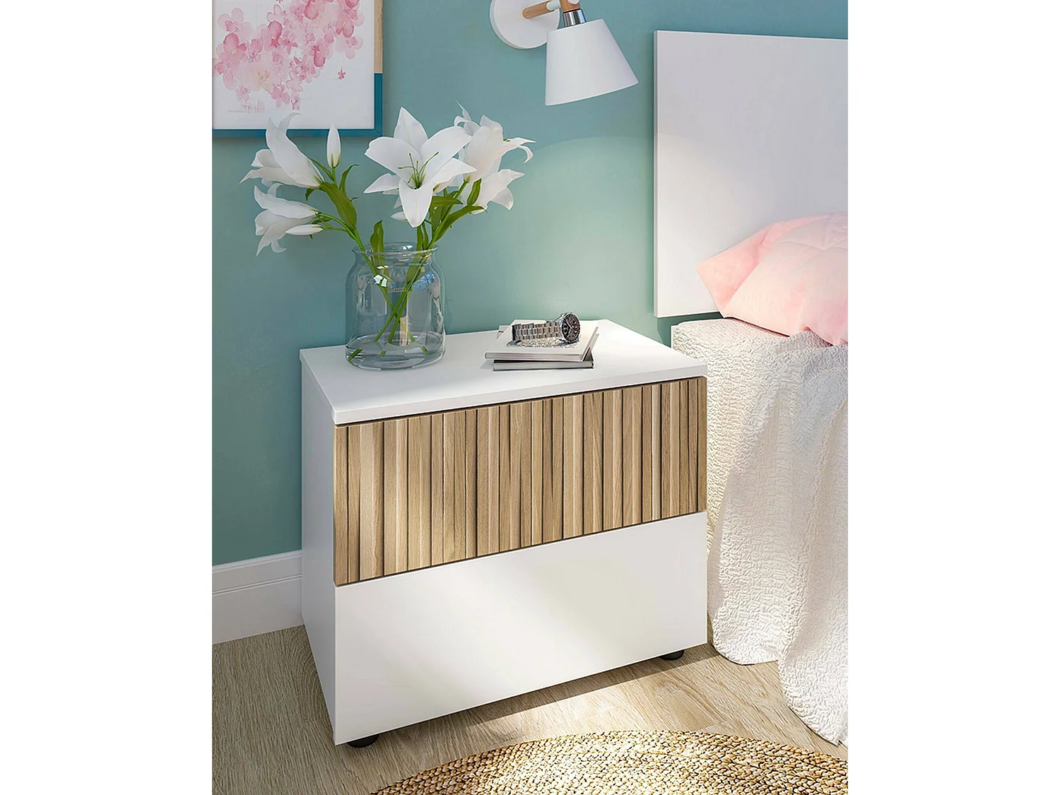 Chevet Dzoratt, Commode basse, Table de nuit, Étagère de chevet, 50x42 h34 cm, Blanc et Chêne clair