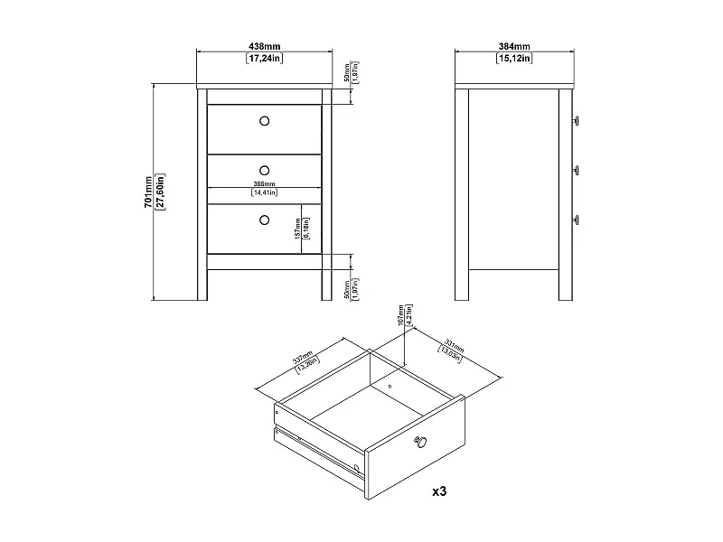 Chevet Dsain, Commode basse, Table de nuit, Étagère de chevet, 44x38 h70 cm, Blanc